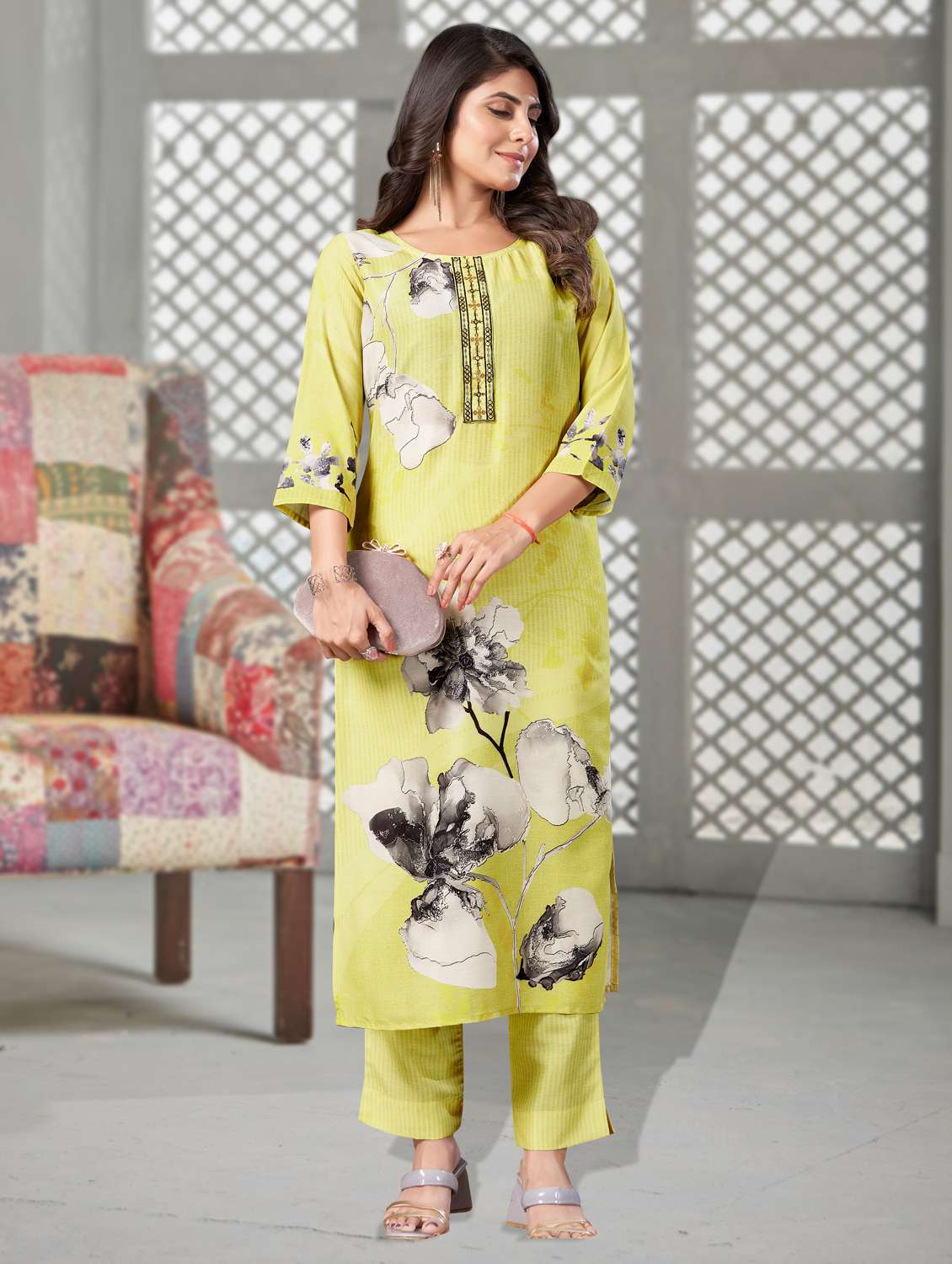 women three quarter sleeve kurta pant set