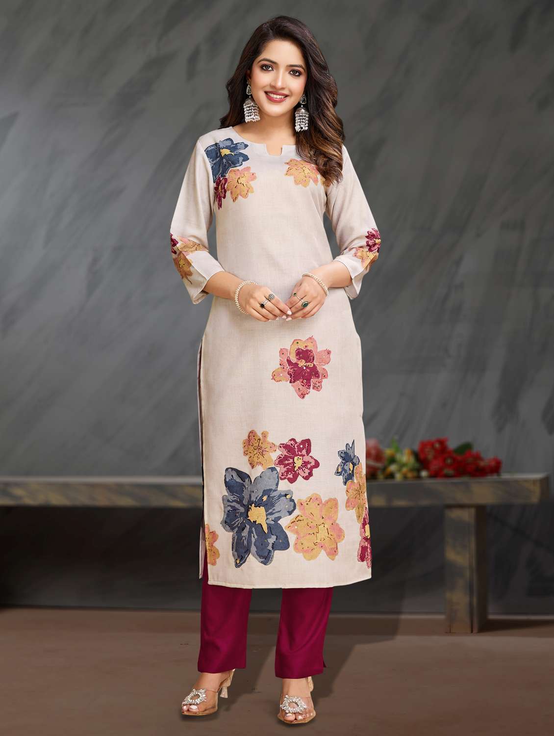 women three quarter sleeve kurta pant set - 21966057 -  Standard Image - 2