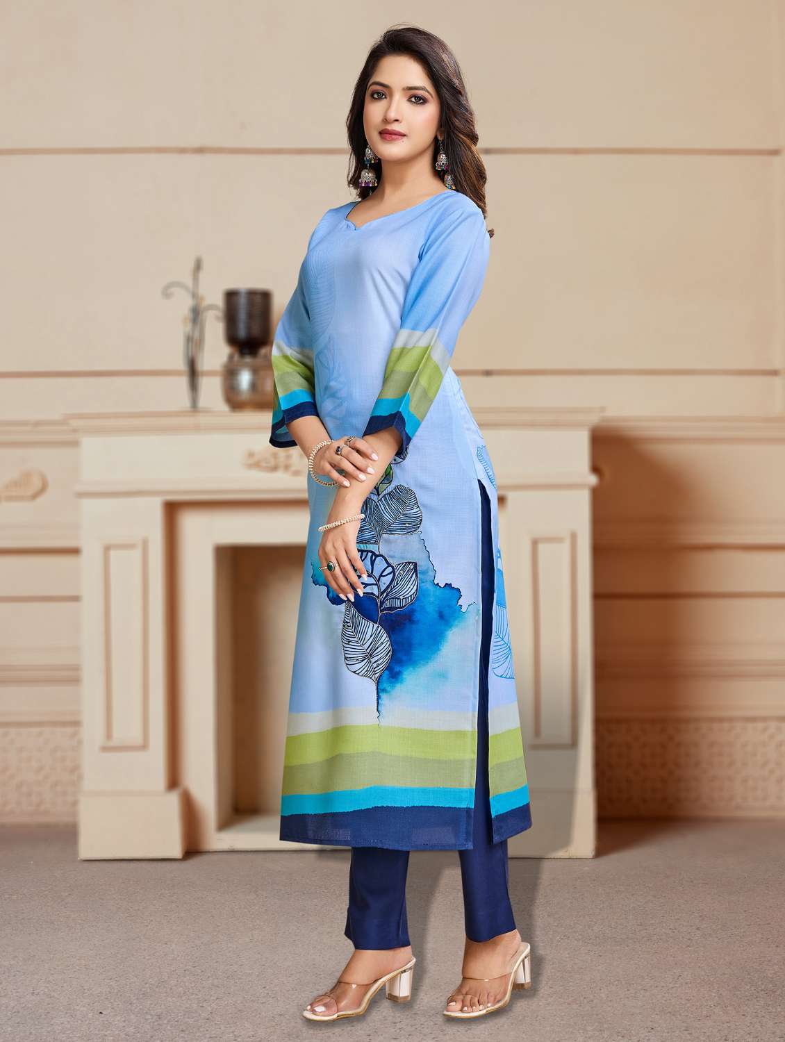 women three quarter sleeve kurta pant set - 21966060 -  Standard Image - 2