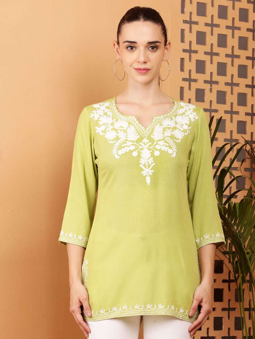 women embroidered three quarter sleeve straight kurta