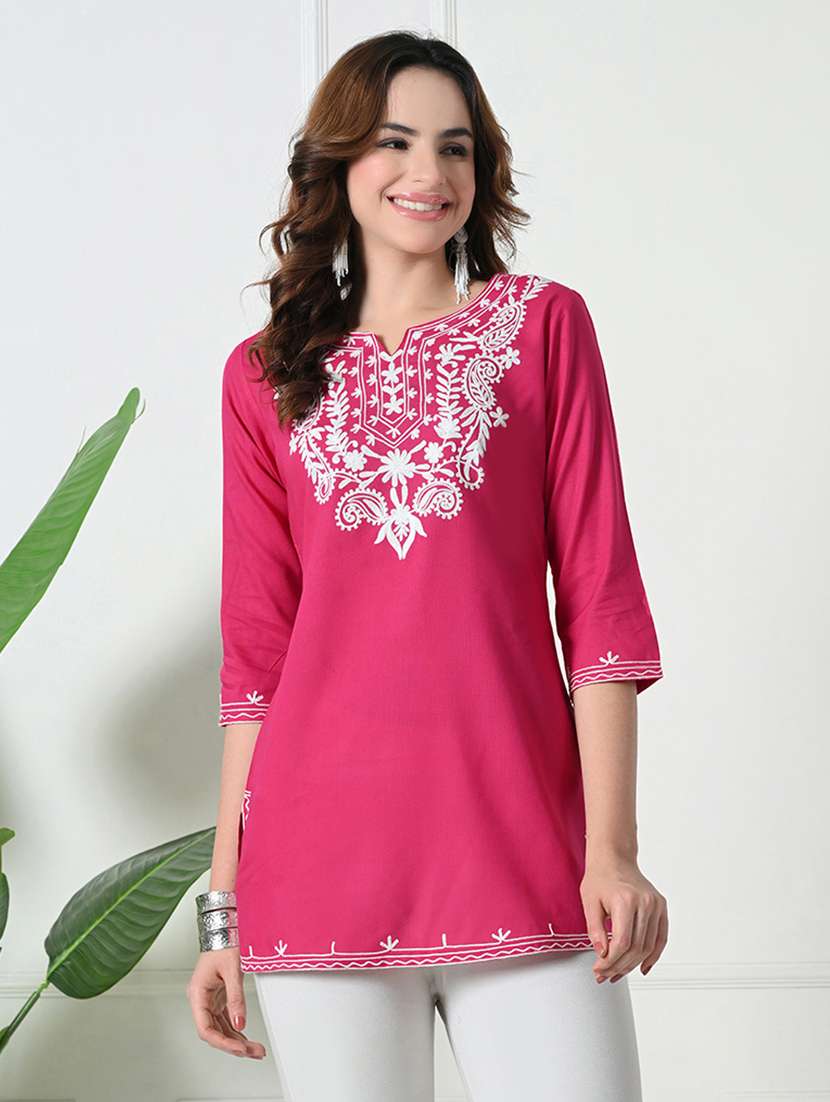 women embroidered three quarter sleeve straight kurta