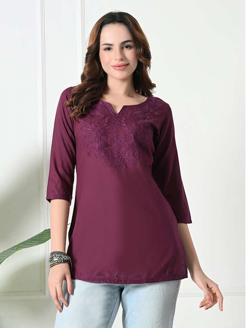women embroidered three quarter sleeve straight kurta