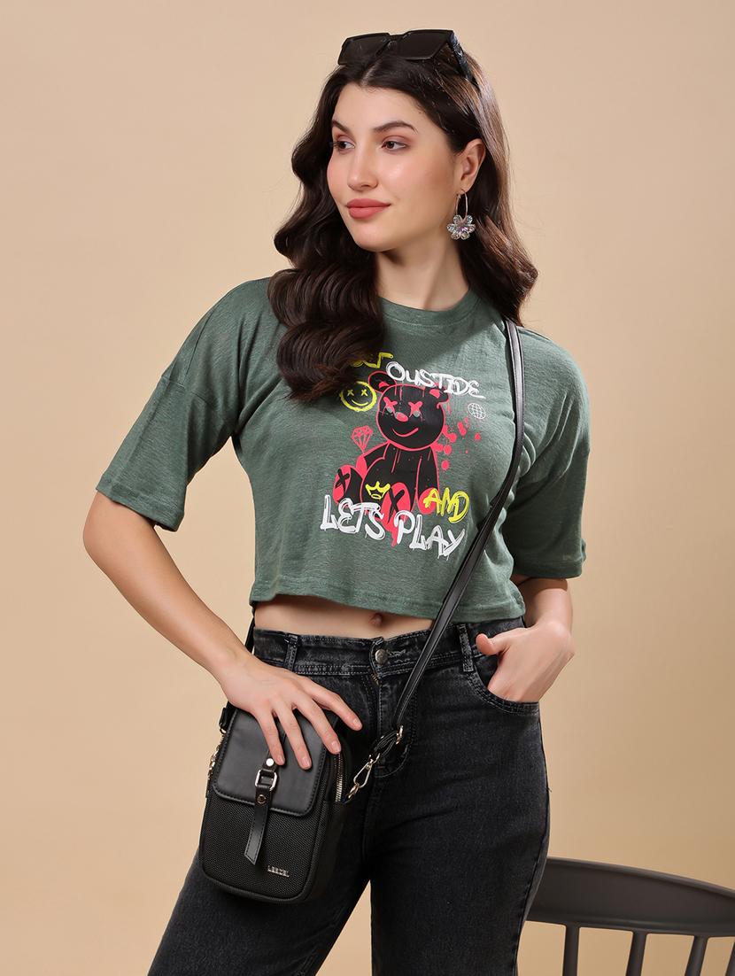 women printed short sleeve crop t-shirt - 21966091 -  Zoom Image - 0