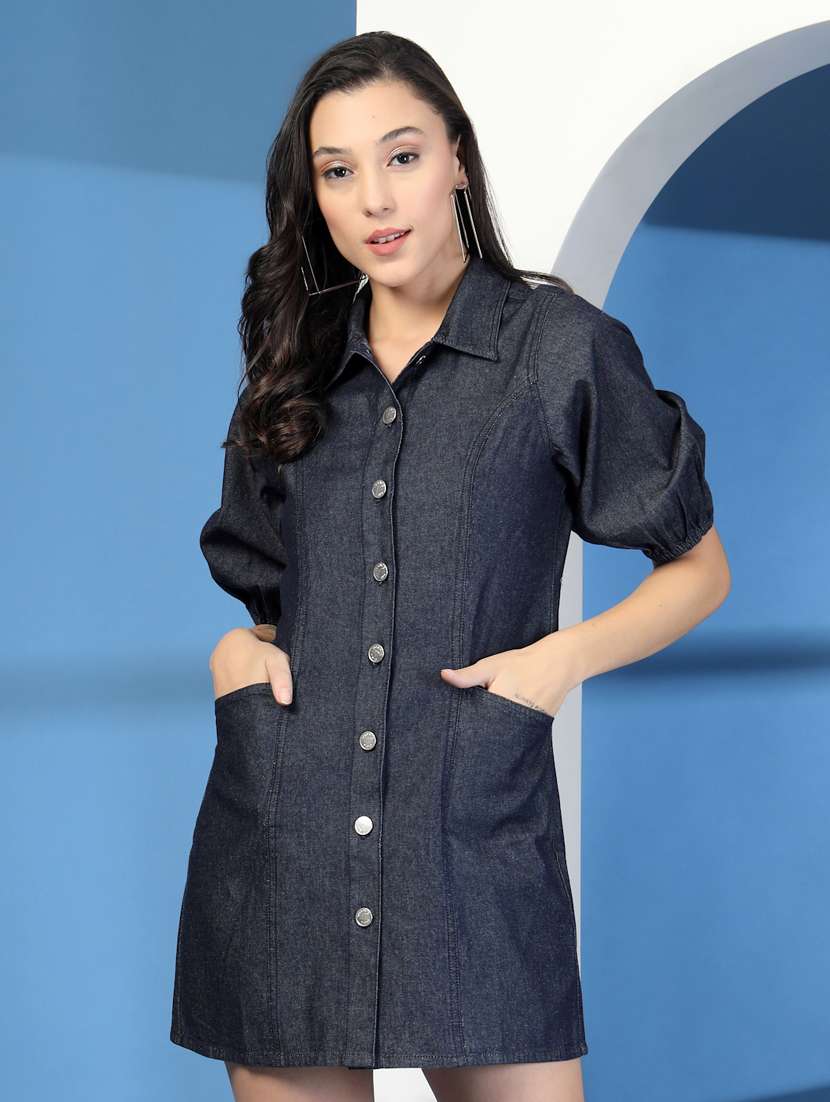 women solid puff sleeve denim shirt dress
