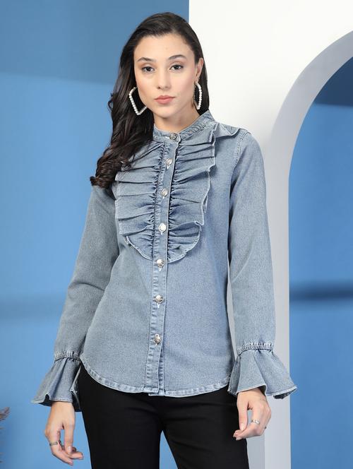 women solid ruffle detailed denim shirt - 21966132 - Standard Image - 0