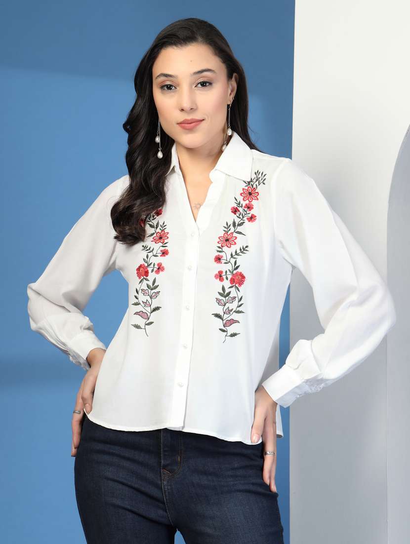 women embroidered collared puff sleeve shirt