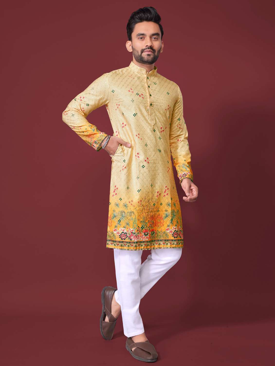 yellow rayon long  kurta - 21966162 -  Standard Image - 2