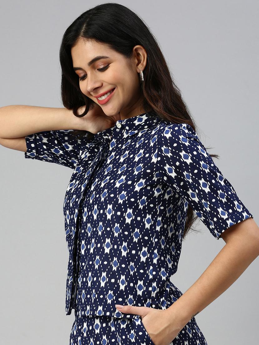 women printed collared short sleeve crop shirt - 21966172 - Standard Image - 2