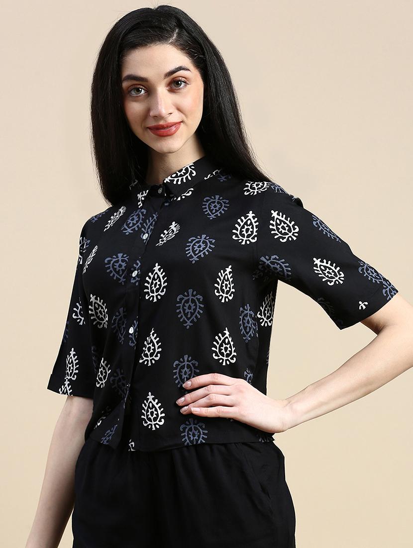 women printed collared short sleeve crop shirt - 21966173 - Standard Image - 2