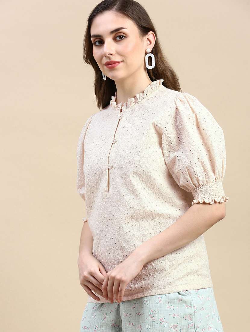 women cream puff sleeve schiffli top - 21966176 -  Standard Image - 2