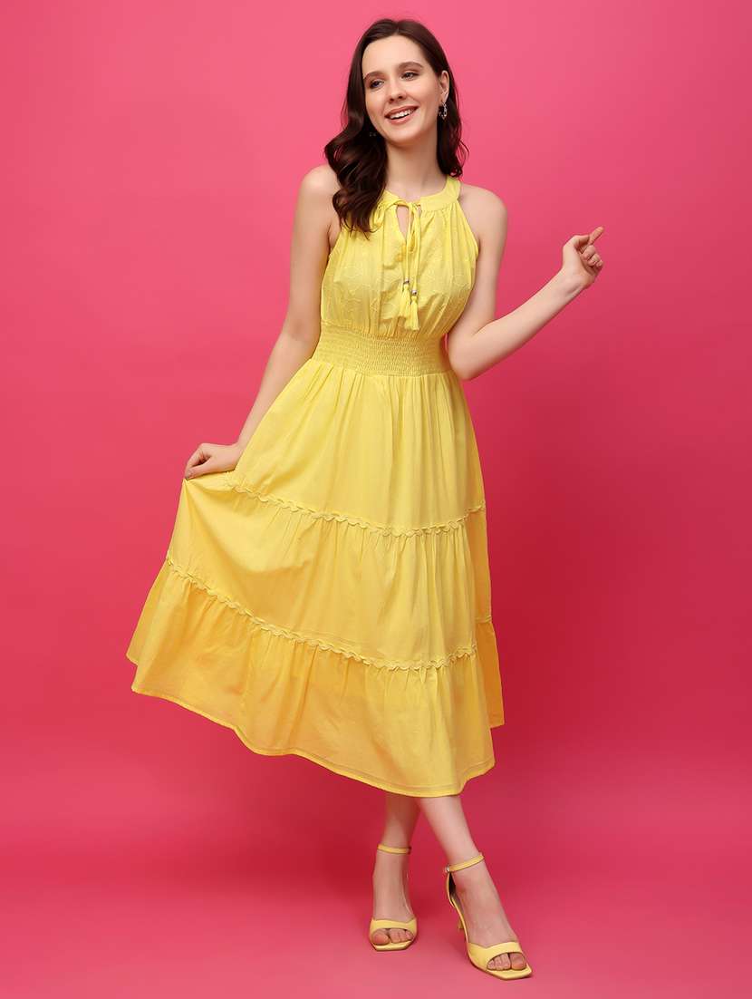 women yellow solid halter neck sleeveless tiered dress
