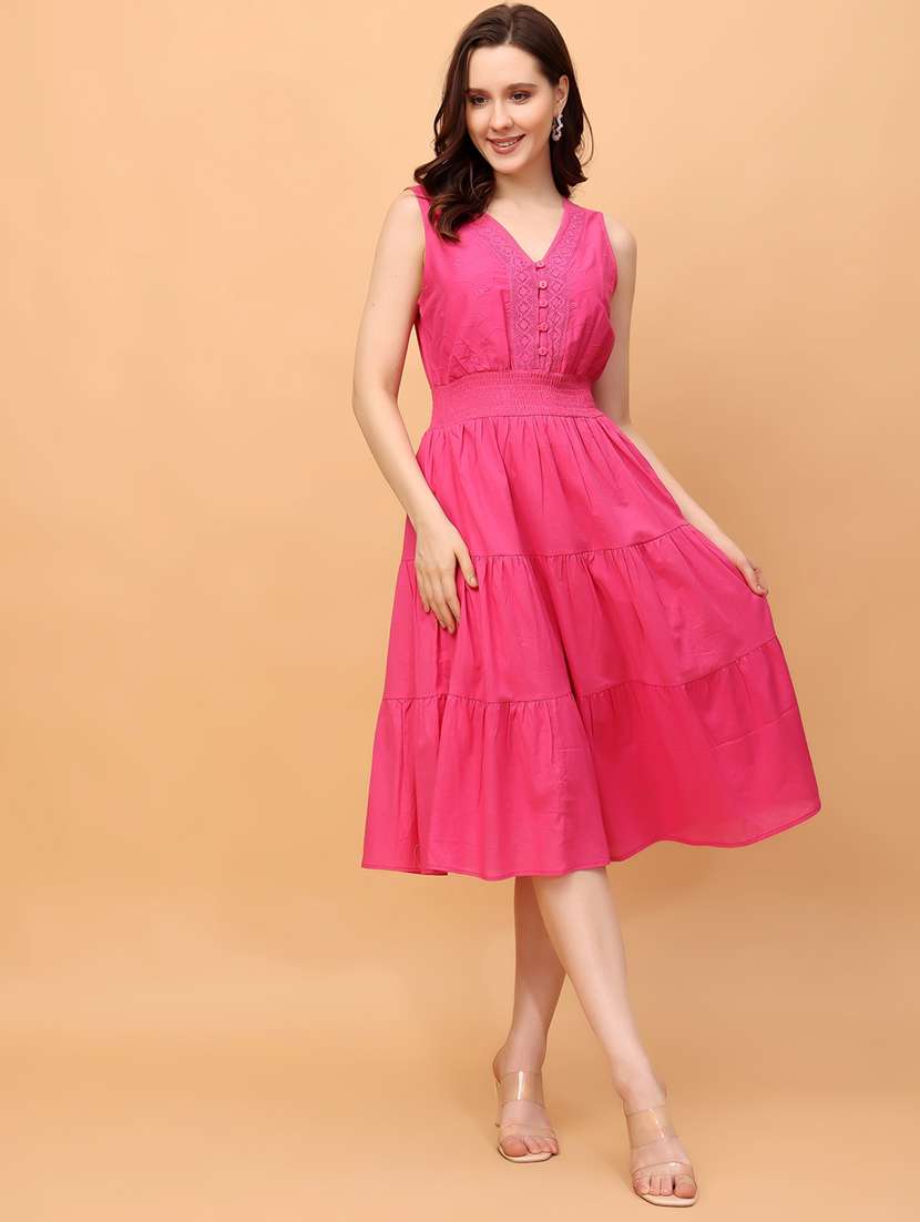 women pink solid halter neck tiered dress