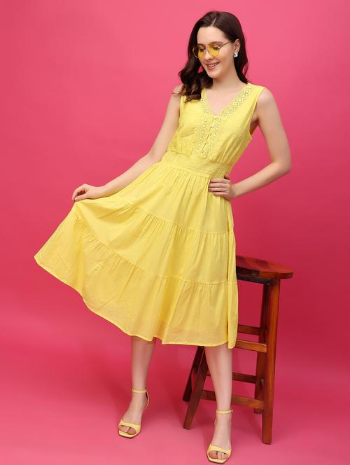 women yellow solid sleeveless lace detailed tiered dress - 21966206 - Standard Image - 0