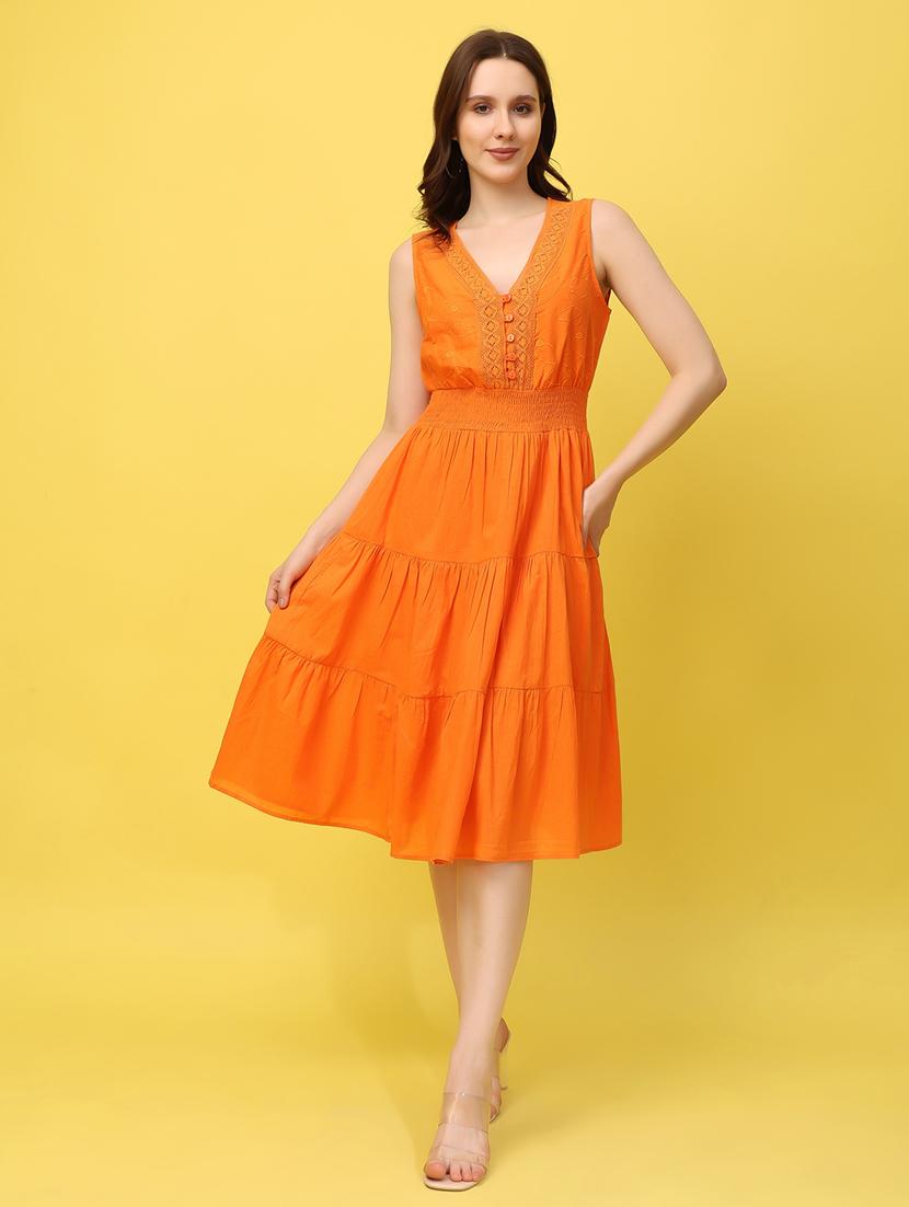 women orange solid sleeveless lace detailed tiered dress - 21966207 - Zoom Image - 0
