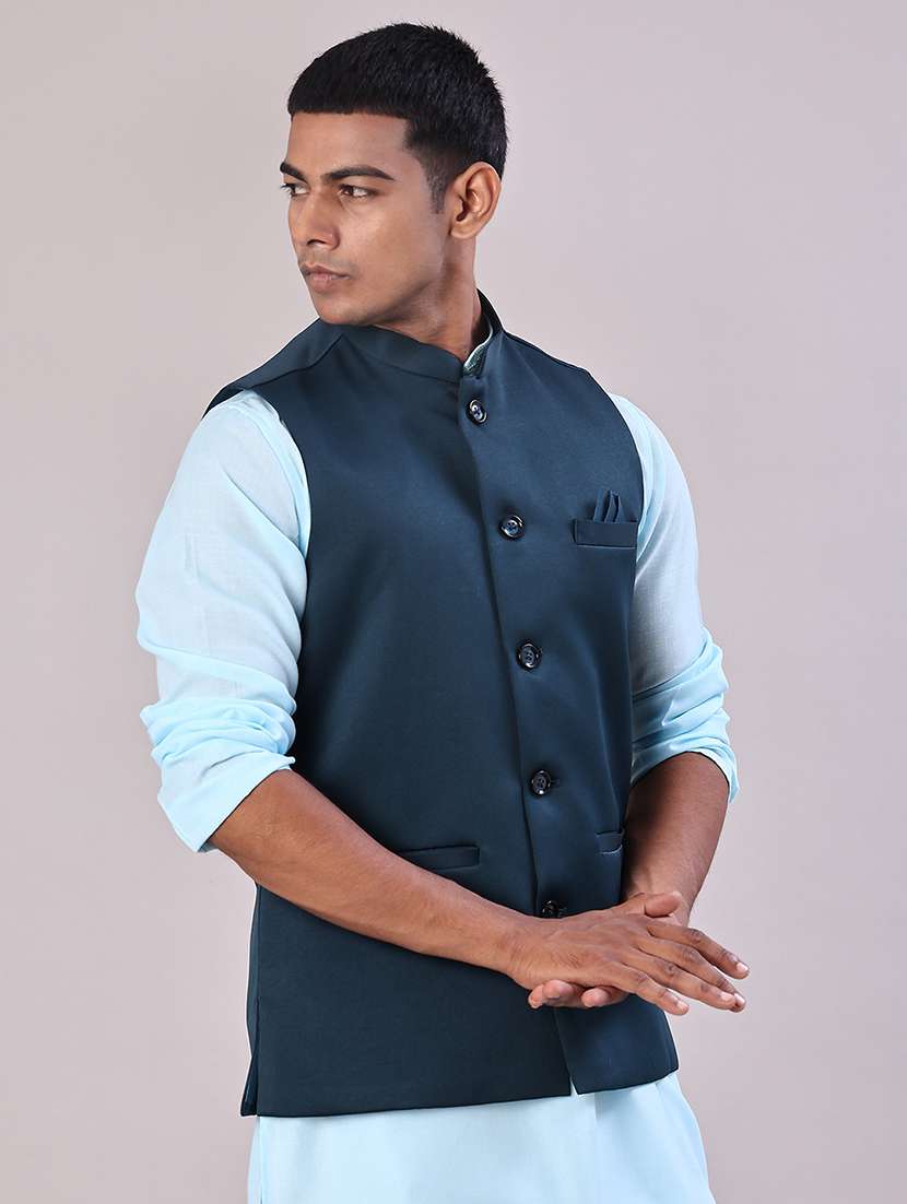 men solid mandarin neck regular fit nehru jacket - 21966340 -  Standard Image - 2