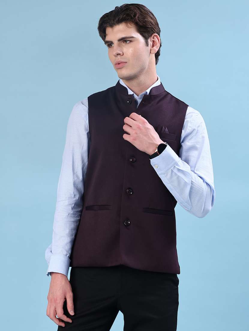 men solid mandarin neck regular fit nehru jacket - 21966341 -  Standard Image - 2