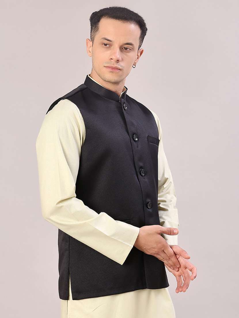 men solid mandarin neck regular fit nehru jacket - 21966342 -  Standard Image - 2