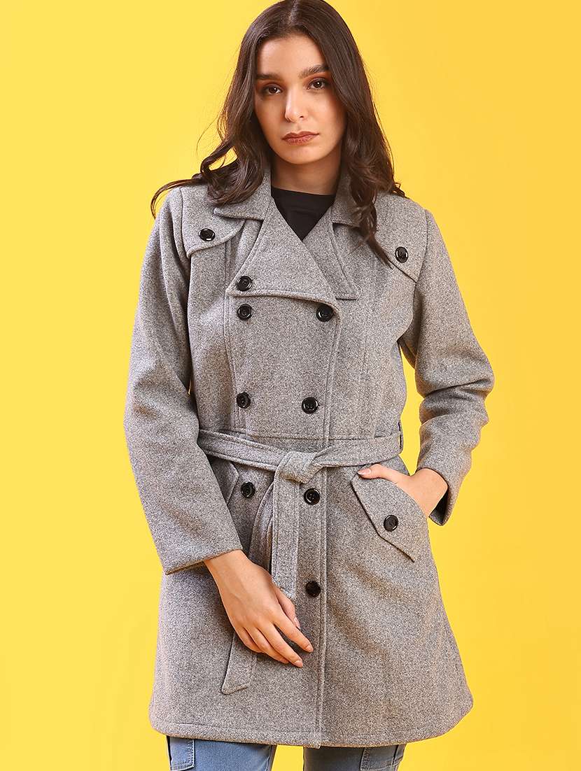 women solid lapel collar trench coat