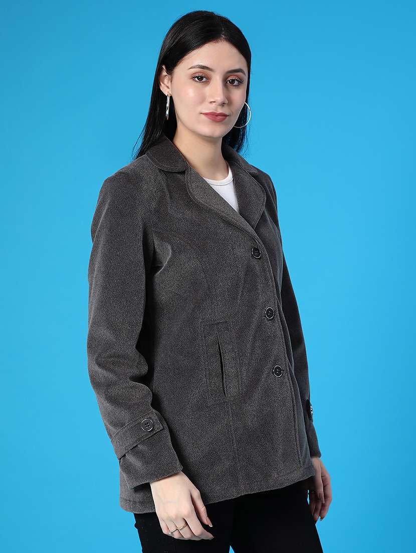 women solid lapel collar regular coat - 21966372 -  Standard Image - 2