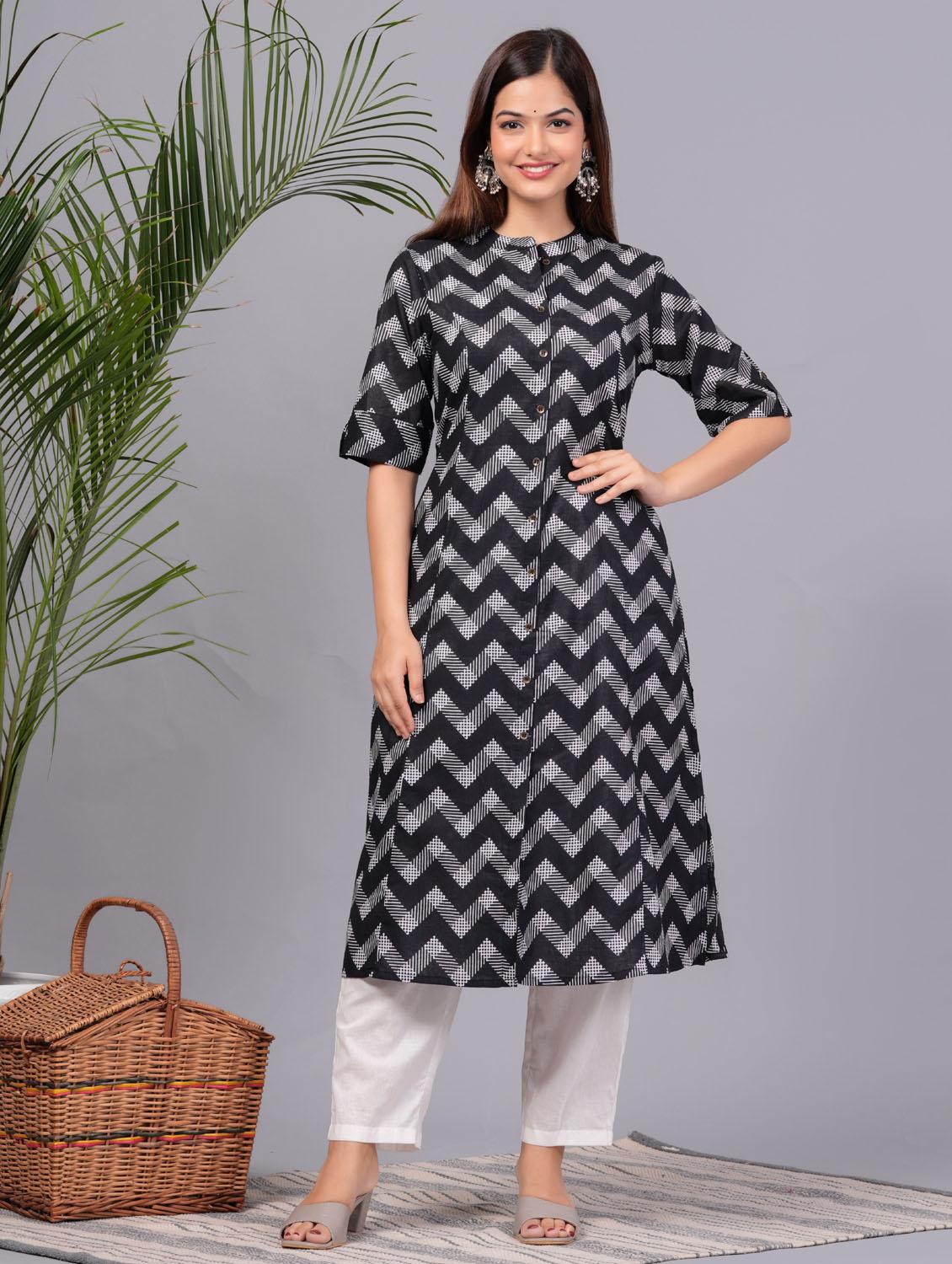 women chevron printed mandarin neck a-line kurta  - 21966646 -  Zoom Image - 0