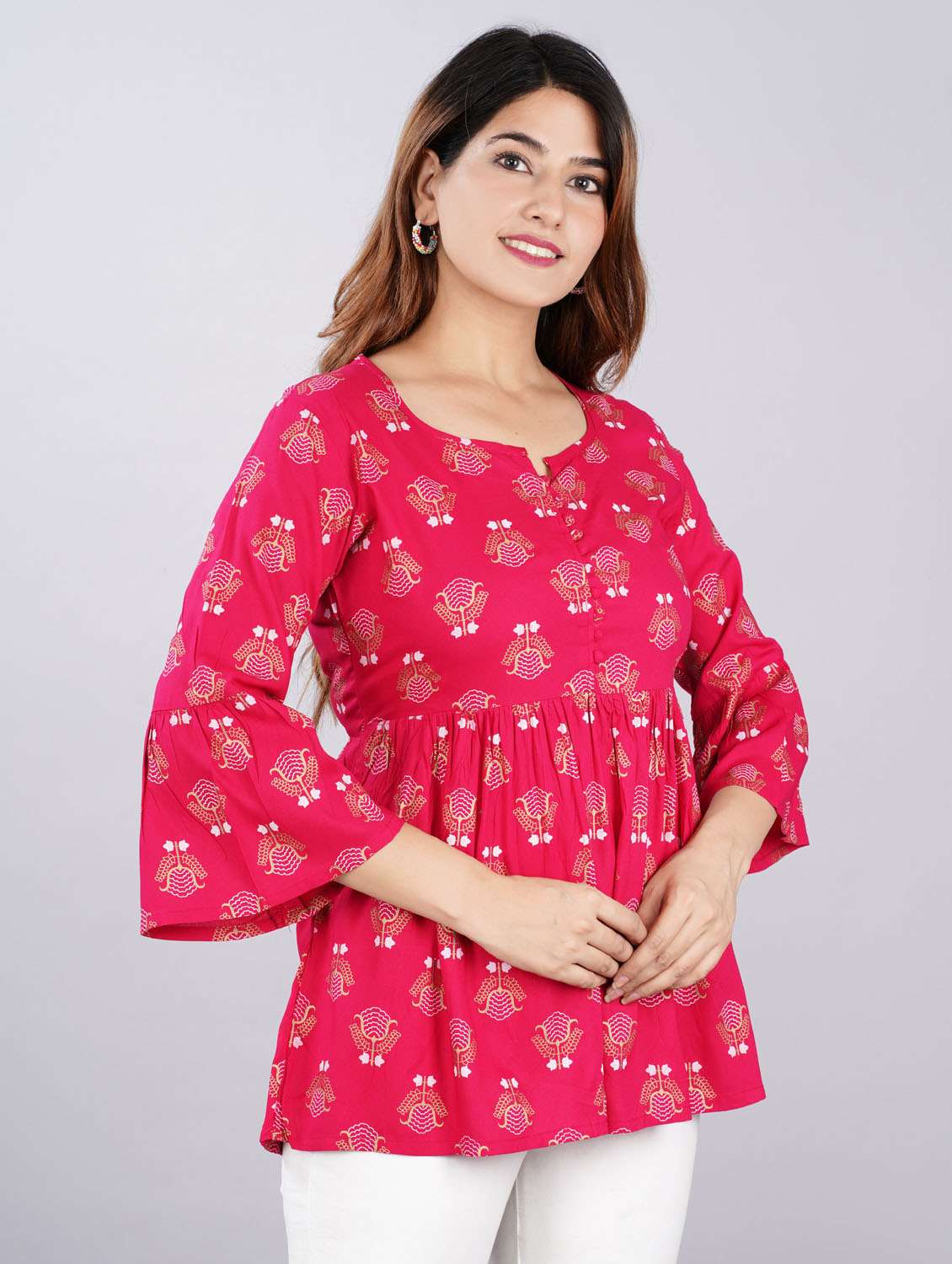 women red printed bell sleeve flared tunic - 21966669 - Standard Image - 2