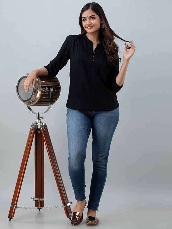 women solid three quarter sleeve ethnic top - 21966675 -  Standard Image - 2