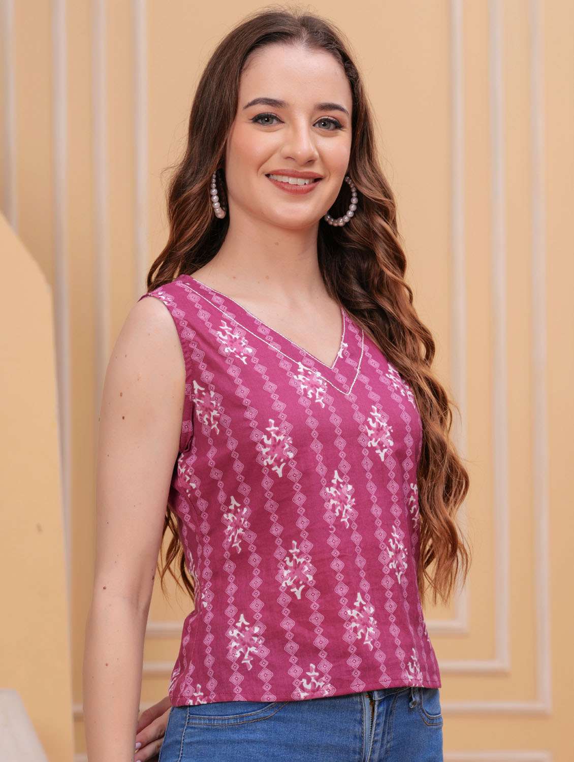 women printed sleeveless ethnic top - 21966693 -  Standard Image - 2