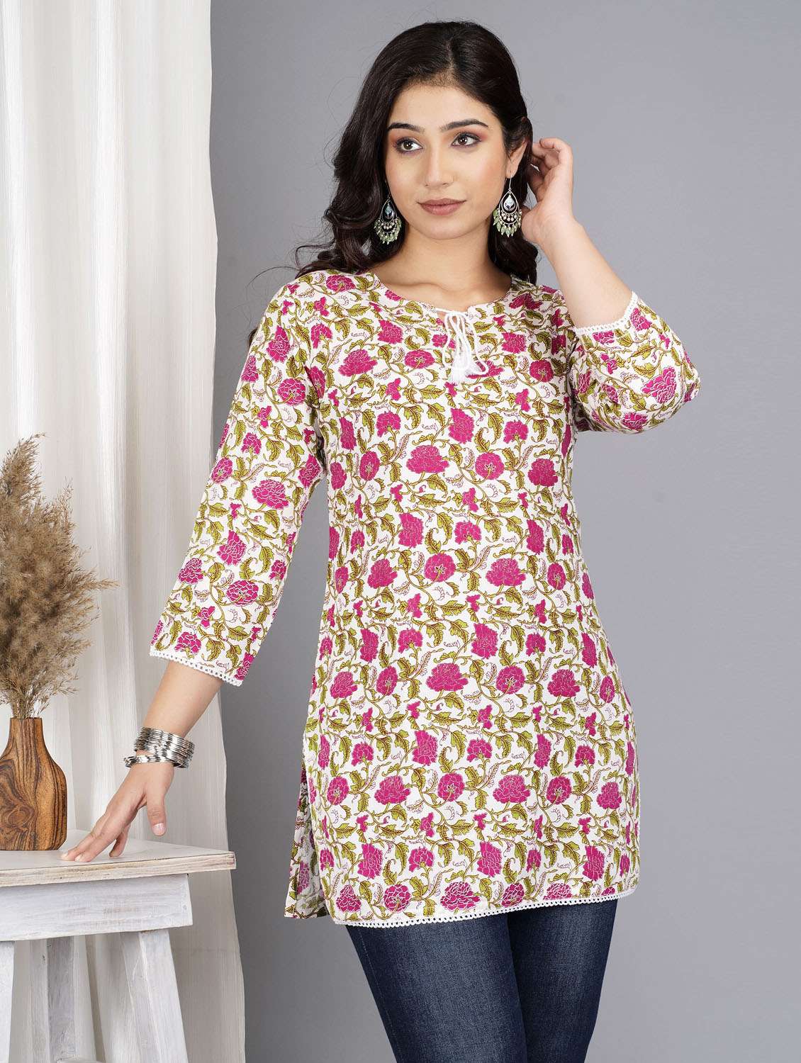women floral three quarter sleeve straight kurti - 21966699 -  Standard Image - 2
