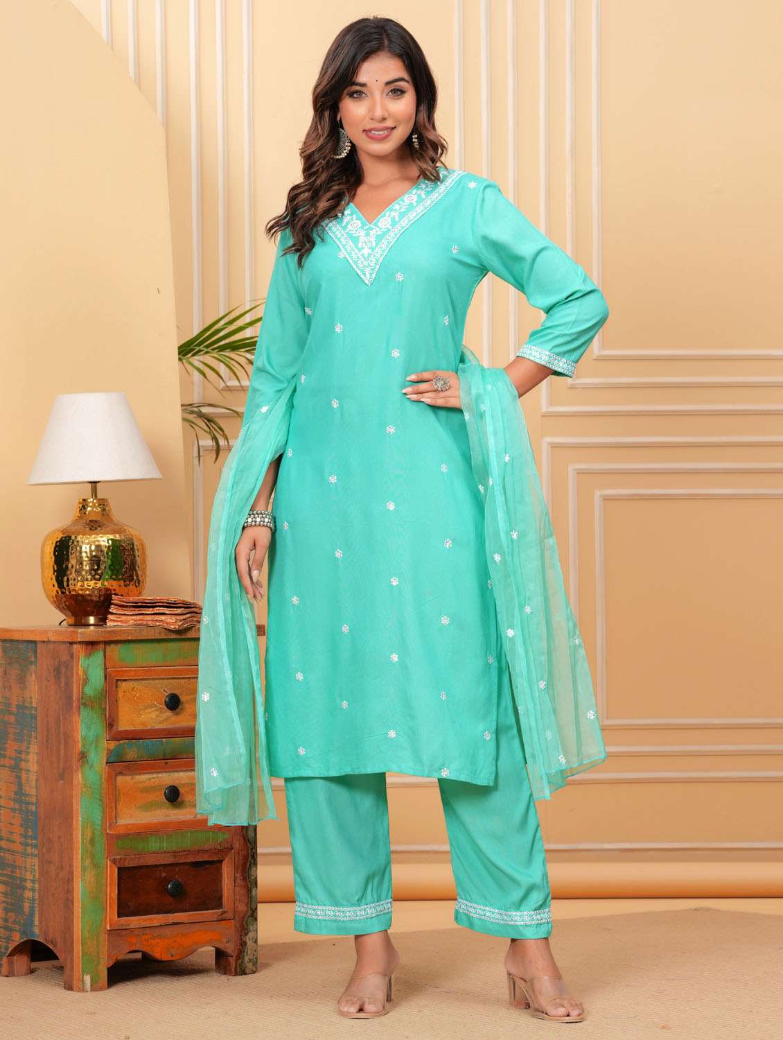 women three quarter sleeve kurta pant with dupatta set - 21966708 - Standard Image - 2