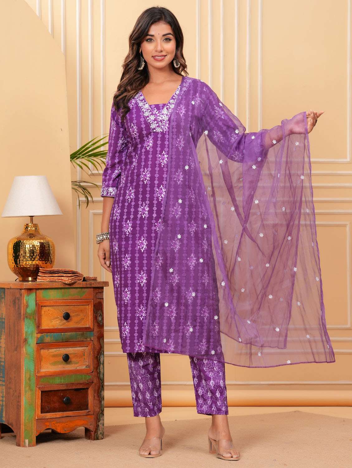 women three quarter sleeve kurta pant with dupatta set