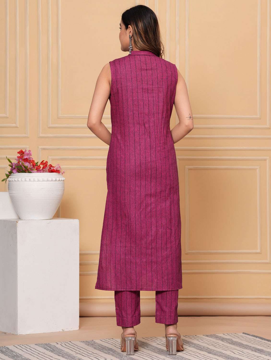 women striped sleeveless kurta pant set - 21966764 - Standard Image - 2