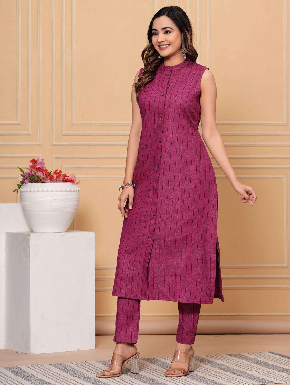 women striped sleeveless kurta pant set - 21966764 -  Standard Image - 2