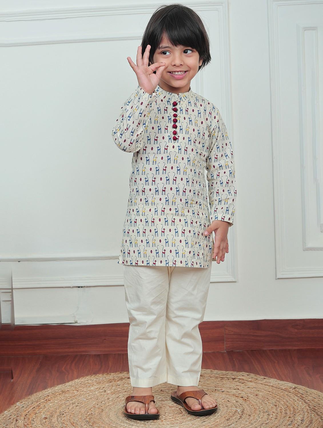 boys printed mandarin neck kurta pajama set
