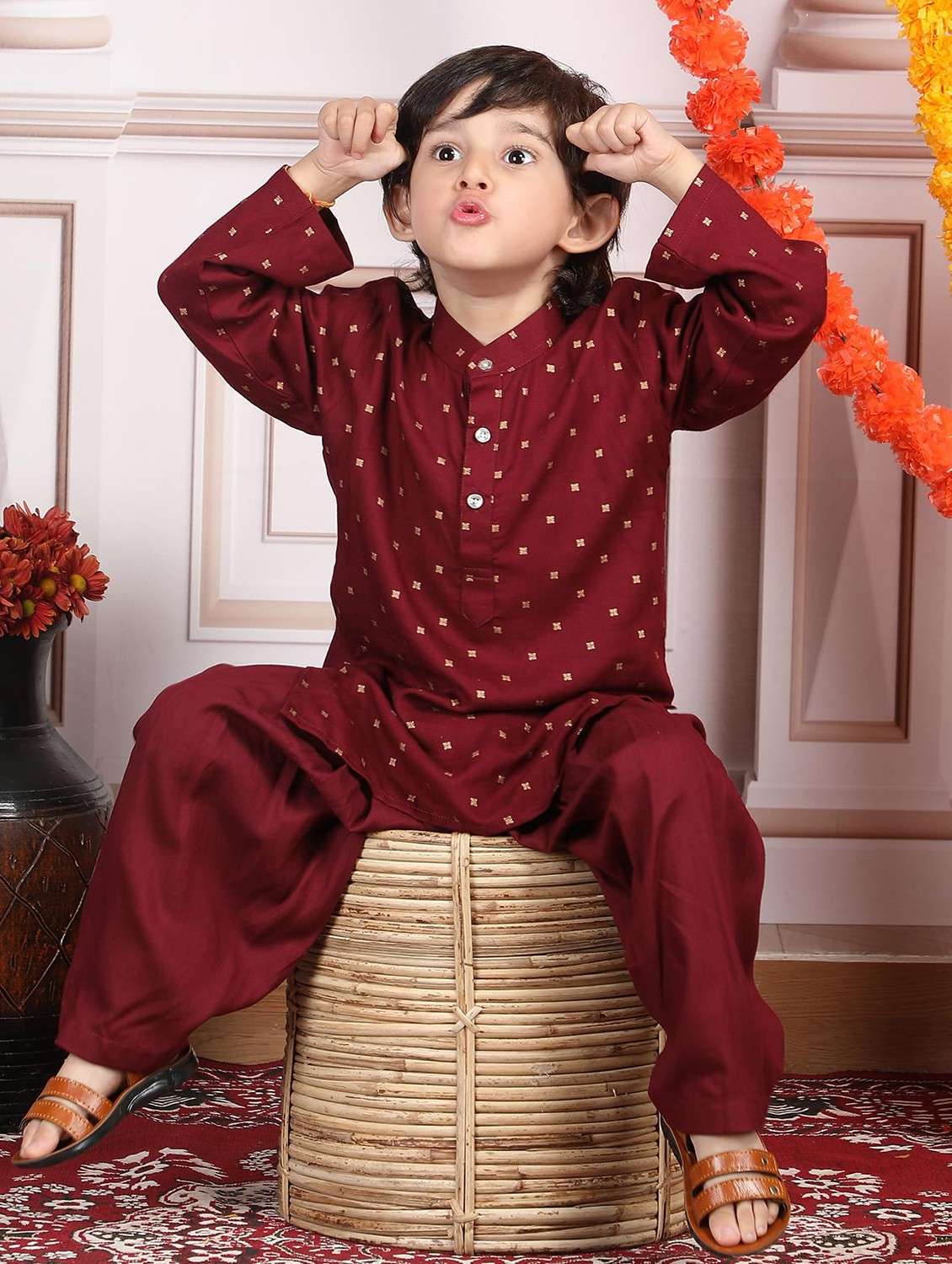 boys printed mandarin neck kurta salwar set