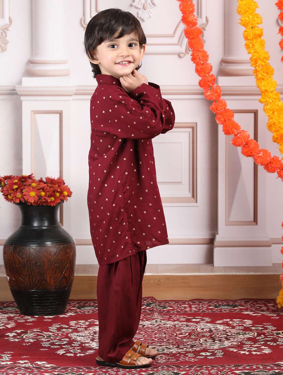 boys printed mandarin neck kurta salwar set - 21966779 -  Standard Image - 2