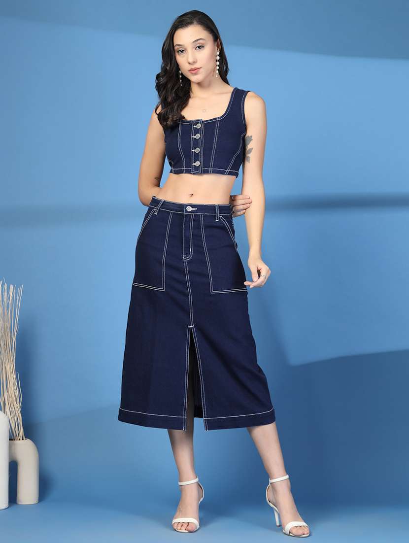 women navy blue solid top & skirt denim co-ord set