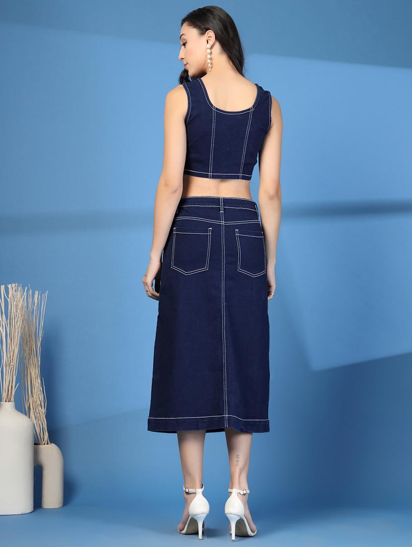 women navy blue solid top & skirt denim co-ord set - 21966796 - Standard Image - 2