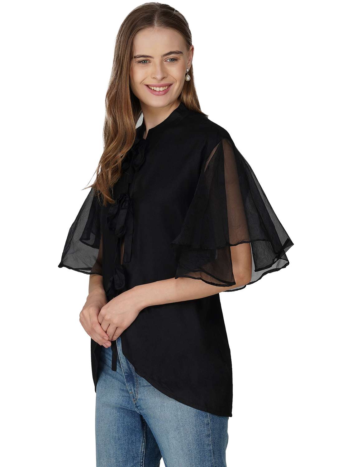 women solid flared sleeve tie ip high low top - 21966833 -  Standard Image - 2