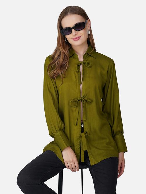 woen olive solid long sleeve tie up detailed shirt - 21966834 - Standard Image - 0