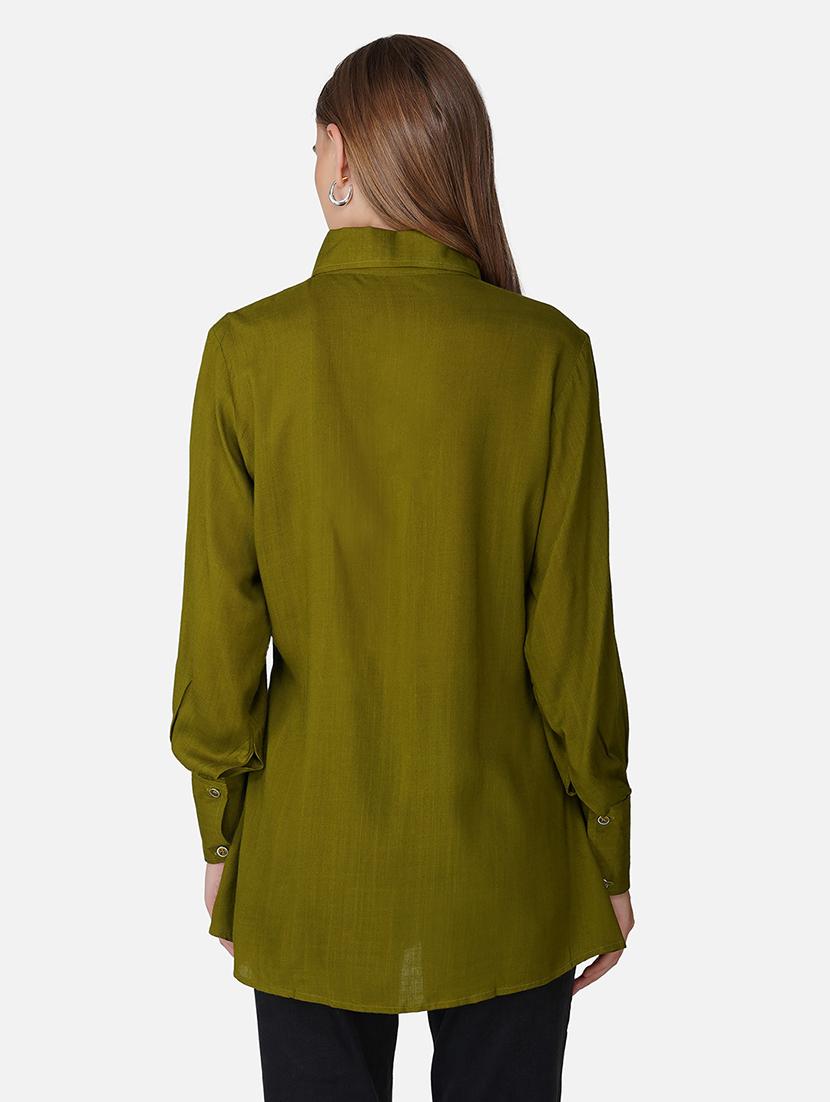 woen olive solid long sleeve tie up detailed shirt - 21966834 - Standard Image - 2