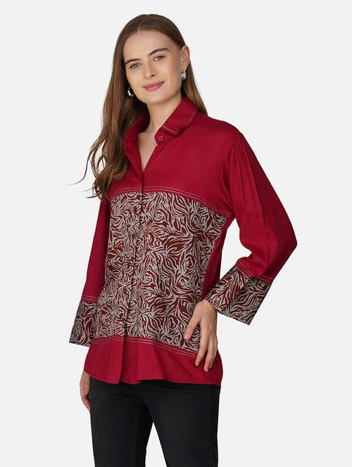 women printed collared long sleeve shirt