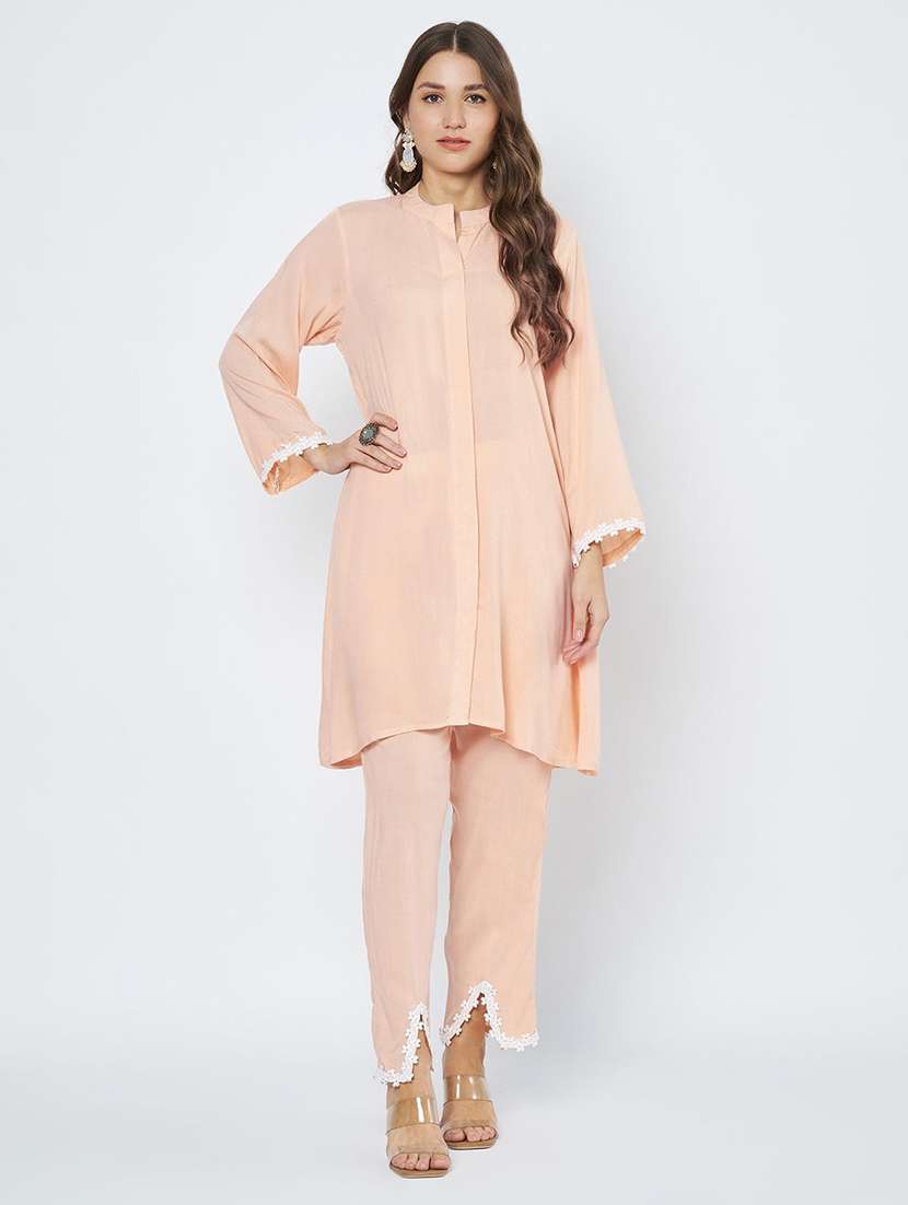 women peach solid kurta and pant co-ord set