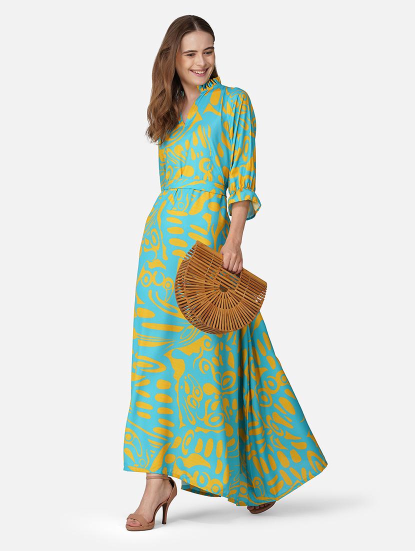 women printed mandarin neck fit & flare maxi dress - 21966857 -  Zoom Image - 0