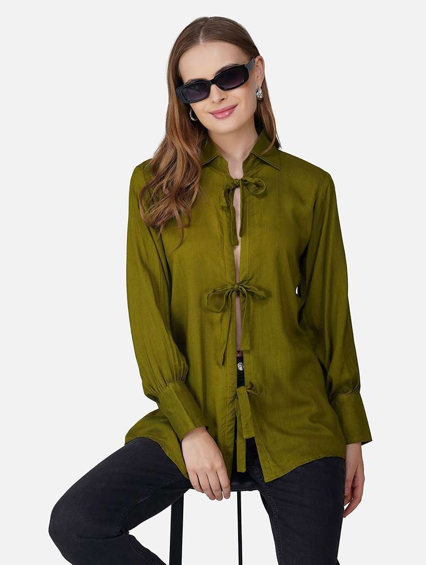 women solid collared long sleeve front tie up top
