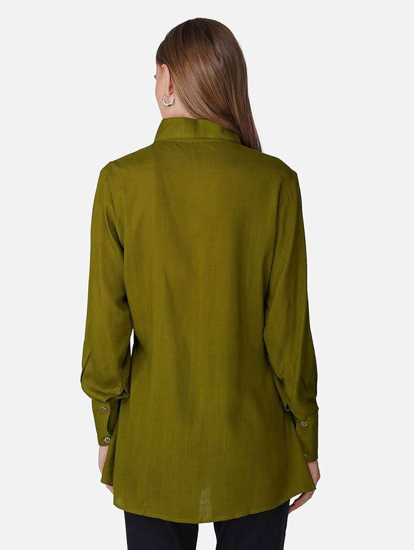 women solid collared long sleeve front tie up top - 21966866 -  Standard Image - 2