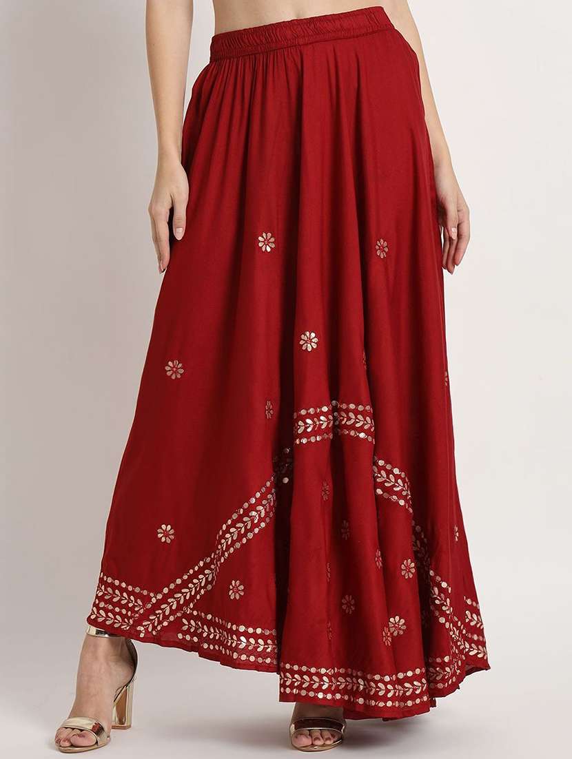 women mirror work mid rise flared maxi skirt