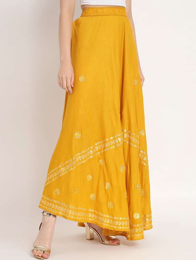 women mirror work mid rise flared maxi skirt