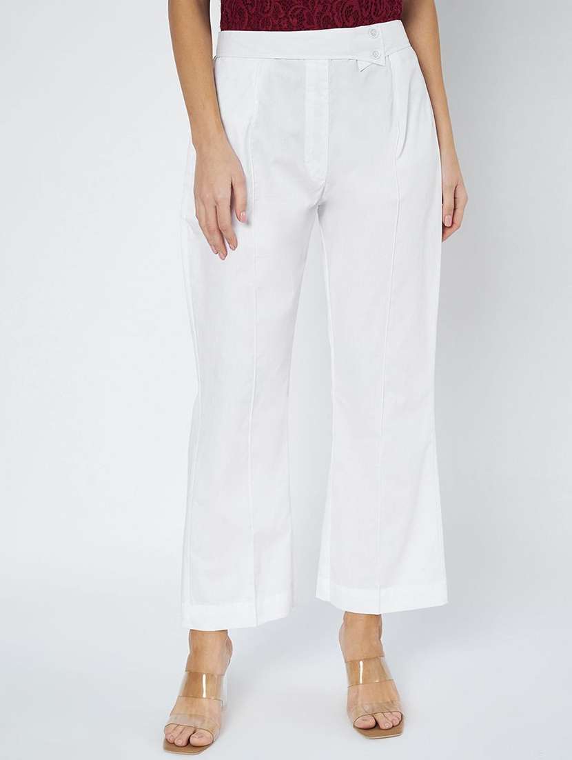 women solid high rise wide leg trouser