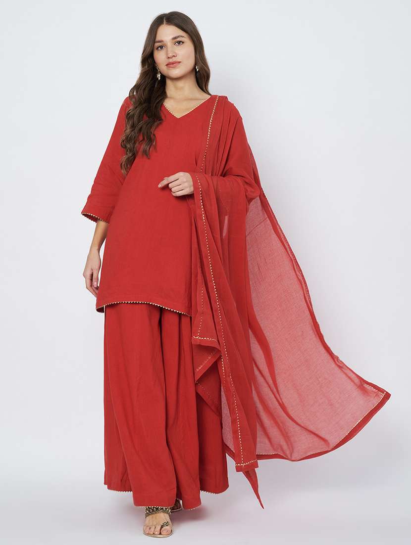 women three quarter sleeve kurta palazzo with dupatta set