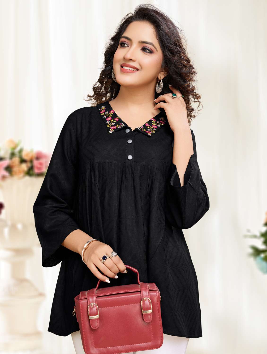 women embroidered collared high low top